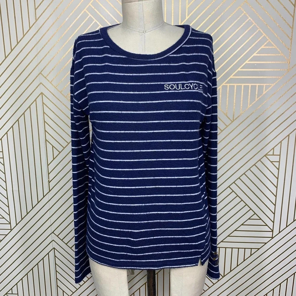 SoulCycle Striped Long Sleeve T-Shirt Blue & White Skull Logo Size US XS